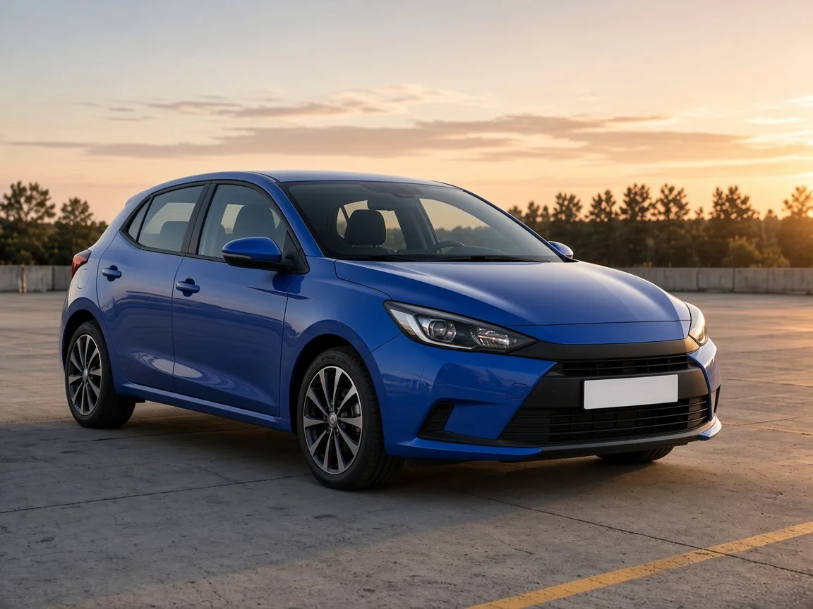 The same hatchback with its paint recolored to cobalt blue #1E4FD8; glass, lights, and wheels unchanged
