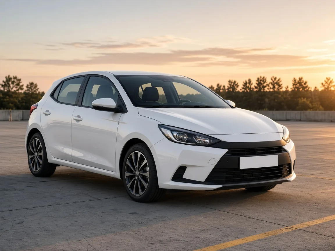 White compact hatchback parked on an open lot at sunset, before changing the car color in the photo