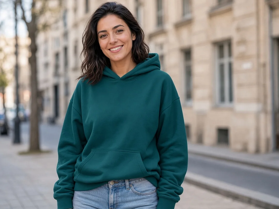Change image color result: the same woman with only the hoodie recolored from red to teal #0F7C80