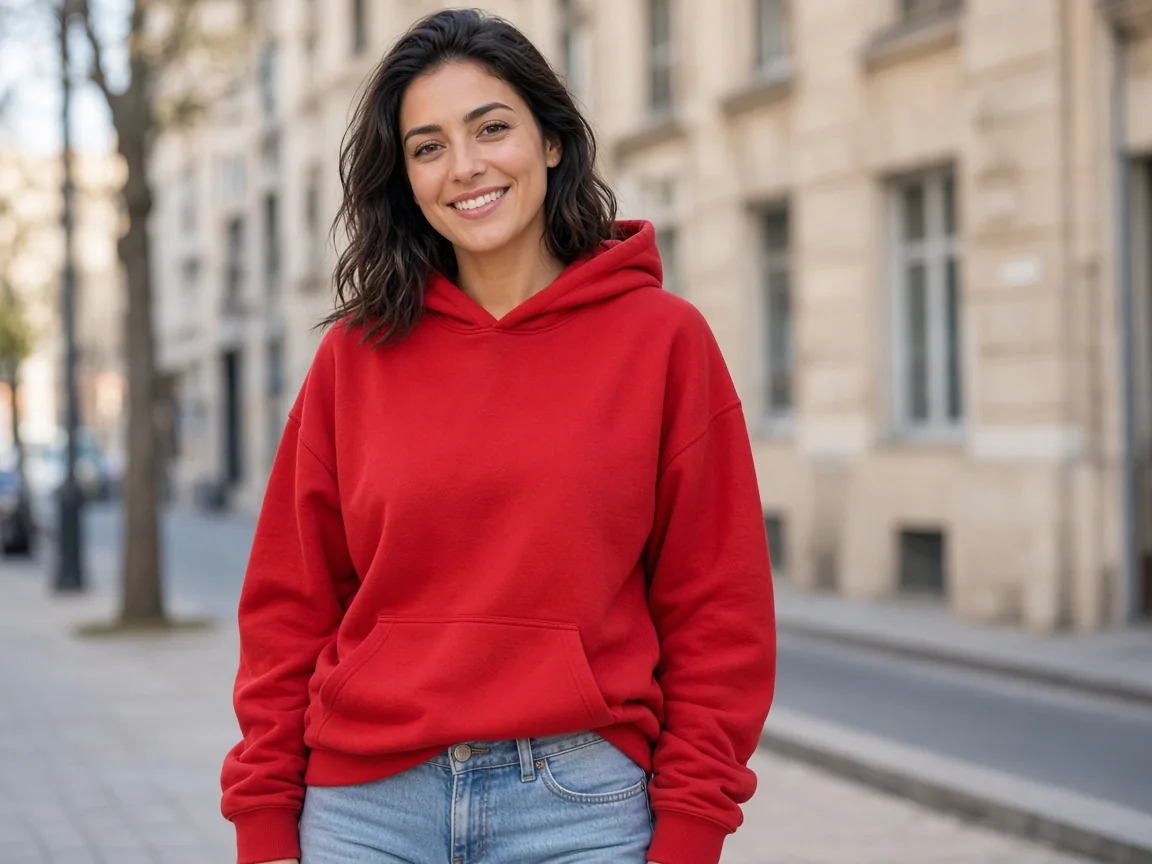 Woman in a red hoodie and jeans on a city sidewalk, the original photo before changing the image color