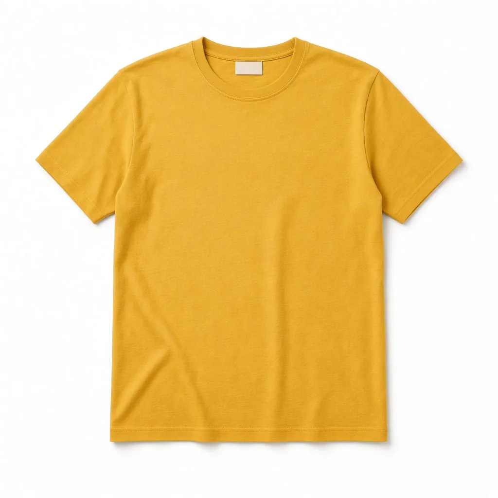 Mustard yellow crew-neck t-shirt laid flat on white, a product photo before the color change