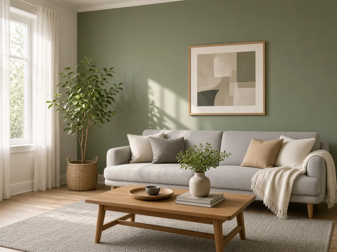 Living room with a sage green accent wall, gray sofa, wood table, and a plant, before recoloring the wall