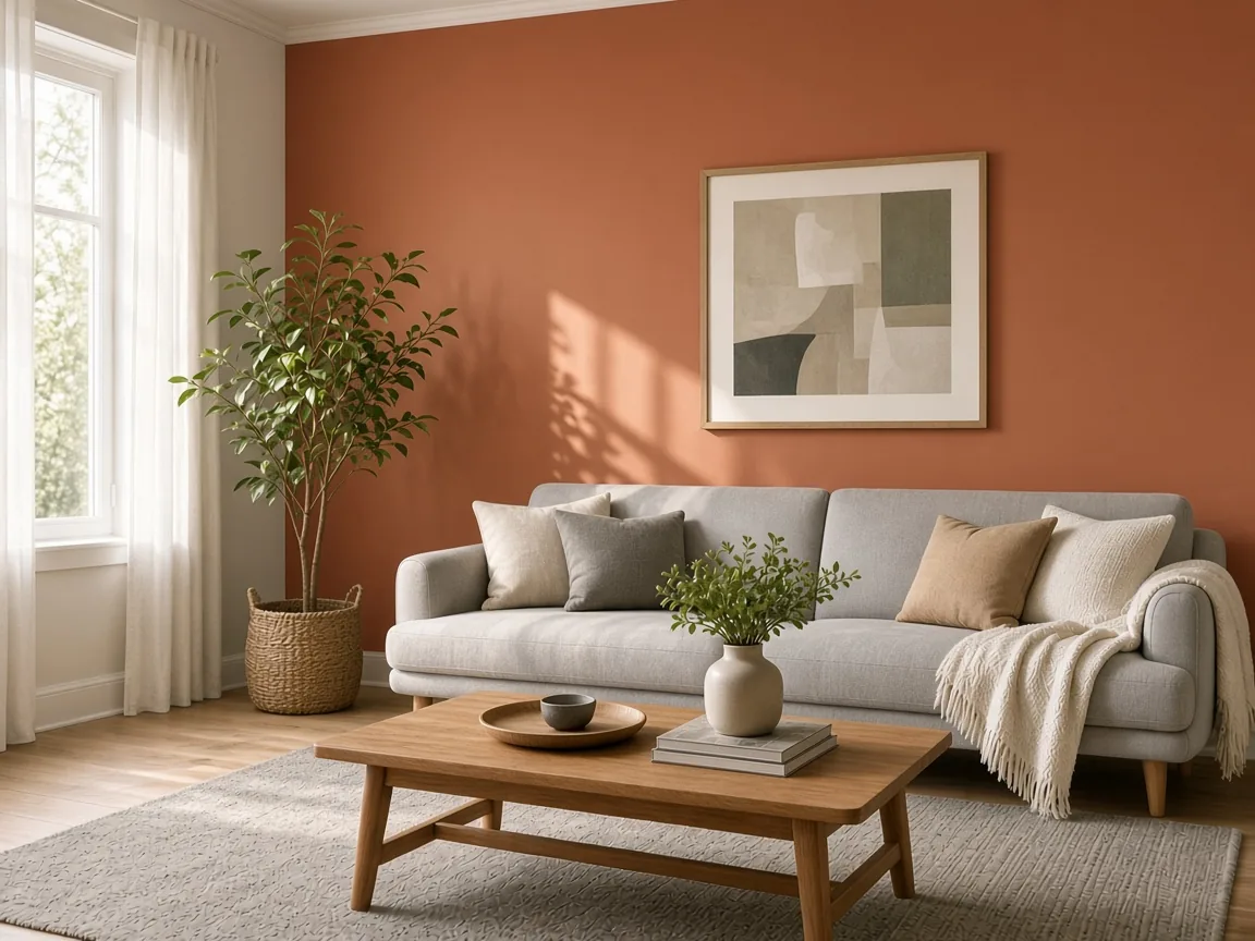 The same living room after recoloring the image: the wall is terracotta #C0694B, furniture and sunlight unchanged