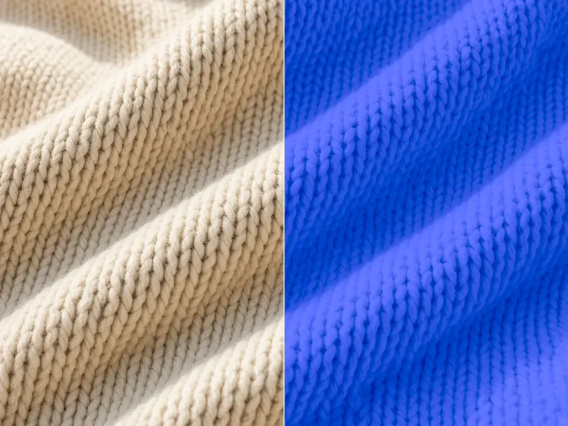 Close-up of oatmeal knit yarn: the left half is the original, the right half is recolored to cobalt #1E4FD8 with an image color changer, and the stitches, highlights, and shadows stay